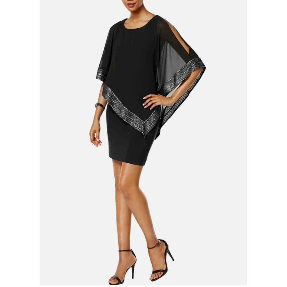 NEW SLNY‎ Womens Black Foil Trim Cape Poncho Overlay Party Sheath Dress Size 14